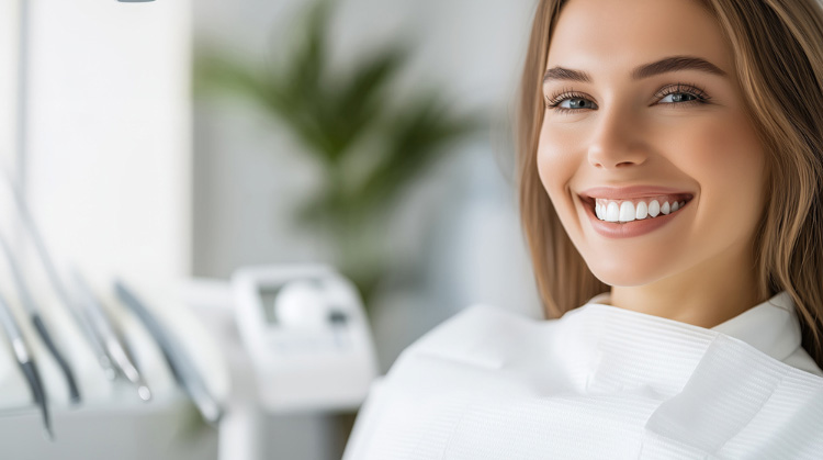 A smiling woman with bright white teeth sitting in a dental chair, wearing a protective bib, in a modern dental office.