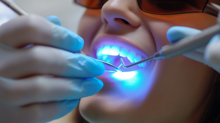 Patient receiving cosmetic dental treatment with curing light at On Q Dentistry in Portland, OR.