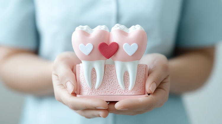 Model of two healthy teeth with hearts symbolizing the link between oral health and heart disease, held by a dental professional at On Q Dentistry in Portland, OR